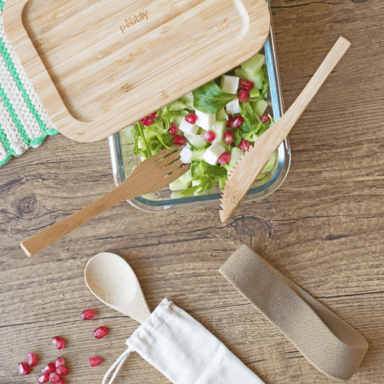 Glas-Lunchbox 1 L Mit Bambusdeckel Und 3-Teiliges Besteckset Im Baumwollbeutel