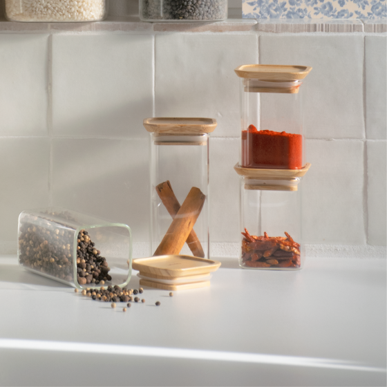 Set of 2 square glass/bamboo boxes