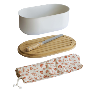 Brotkasten-Set Mit Deckel/Schneidebrett, Messer & Brottasche.