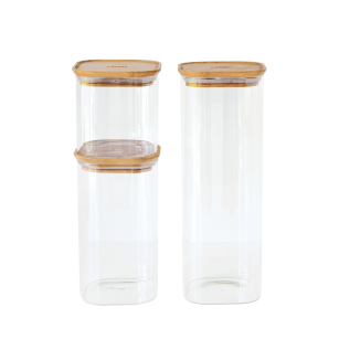 3Er-Set Quadratischer Glasbehälter Mit Bambusdeckel