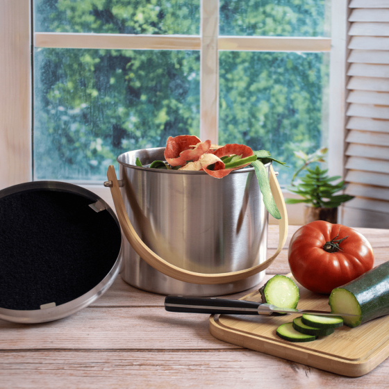 Seau à Compost d'intérieur en Inox avec Filtre Anti-Odeurs - 3,5 L