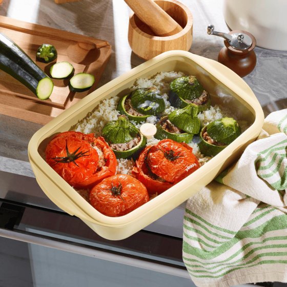 Rechteckige Glasbackform 3,6 L Mit Keramik-Effekt Und Glas- Und Silikondeckel – Creme